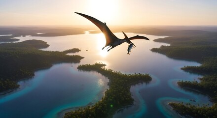 Naklejka premium Pteranodon dinosaur flying with fish prey over an ancient, pristine tropical landscape at sunset. Prehistoric life concept artwork.
