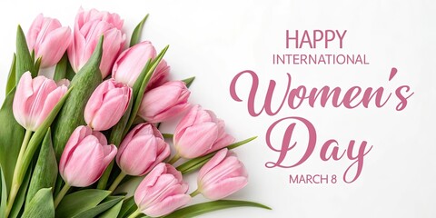Fototapeta premium Happy Women Day 8 march banner with pink tulips bouquet hearts and ribbon on soft pastel background.