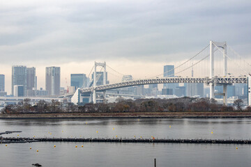 Fototapeta premium View of Tokyo Bay with Rainbow Bridge during a cloudy day.