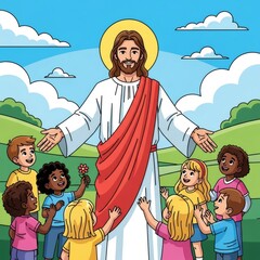 Fototapeta premium Jesus christ embracing diverse kids in a green meadow with blue sky. Christian education and childrens bible story for Easter.
