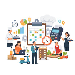 Food service management illustration with team collaboration