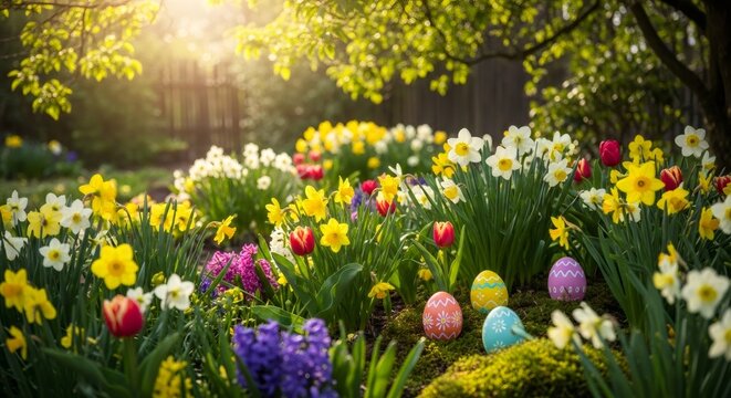 Colorful Easter eggs hidden among spring flowers in a sunny garden. Traditional holiday theme with blooming daffodils and tulips.