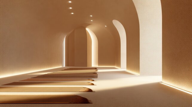 modern minimal mosque interior, no people, smooth walls, soft indirect lighting, aligned prayer mats, calm spiritual elegance, ultra realistic