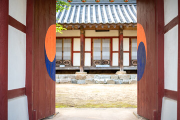 Open Gate to Traditional Korean Hanok Courtyard