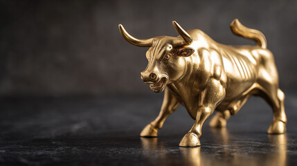 Fototapeta premium Golden Bull Sculpture: Symbol of Strength, Wealth, and Finance in a Glossy Art Display