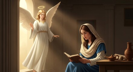 Fototapeta premium Young woman Mary startled by angel Gabriel making annunciation. Biblical scene for religious art, Christian education, and holiday commemoration.