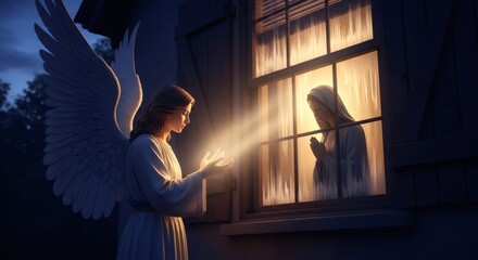 Fototapeta premium An angel woman with wings outside a window, sending a beam of light towards a praying holy woman inside. Religious annunciation theme for Christmas, Easter.