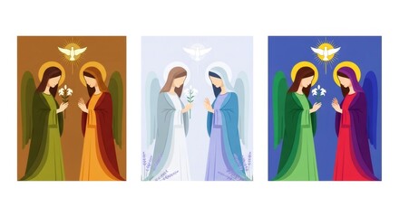 Fototapeta premium Annunciation in three colorful holy depictions with angel Gabriel offering lily to Mary under holy spirit dove for Christianity and Palm Sunday.