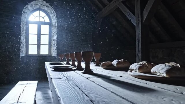 Last supper scene with bread and cups on wooden table, a symbolic representation of the last supper in biblical context. The atmosphere reflects a moment before Easter,