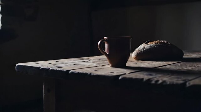 Rustic kitchen scene with loaf of bread and clay cup on wooden table. Cozy atmosphere created by natural lighting highlights bread and beverage, symbolizing simple living. Concept for home cooking.