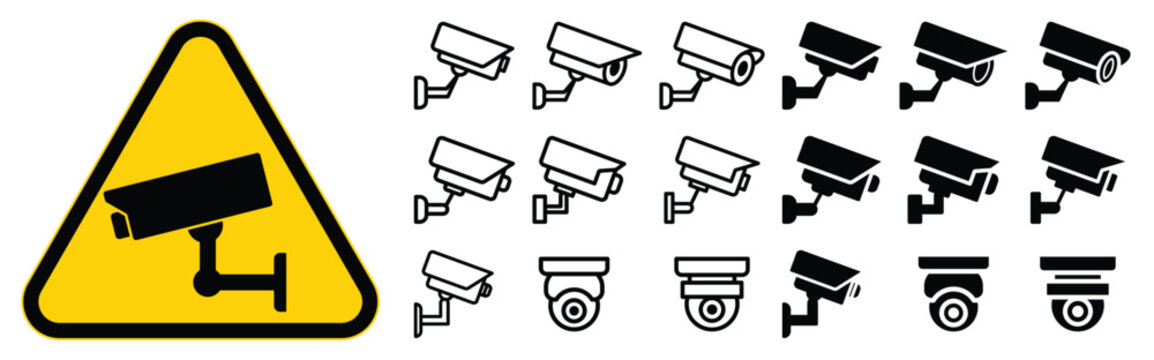 Security Camera Icons and Warning Sign for Safety and Surveillance Use