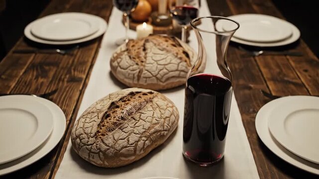 Breads and wine on rustic wooden table for festive gathering, featuring artisanal loaves and a carafe of red wine. Perfect setup for communal dining experience with warm, inviting atmosphere.