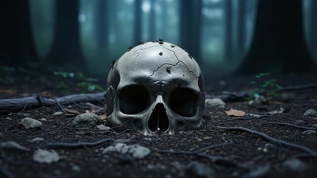 Skull in Forest Floor: A weathered skull rests upon the dark forest floor, shrouded in the somber shadows of towering trees, creating a scene of contemplation.