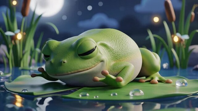 A sleeping frog resting on a dewy lily pad in a serene pond at night surrounded by lush greenery