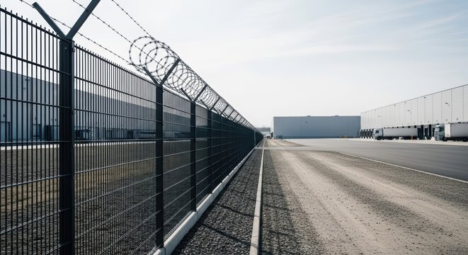 Black security fence topped with barbed wire securing a warehouse area. Industrial perimeter protection and restricted access concept.