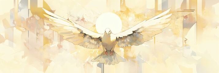Obraz premium Watercolor illustration of a white dove flying upward. Spiritual concept, symbolizing guidance, peace, and hope for Easter. Banner with copy space