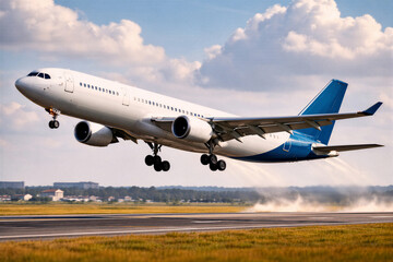 Fototapeta premium White passenger plane on the runway. The plane takes off against the background of a blue sky and white clouds.