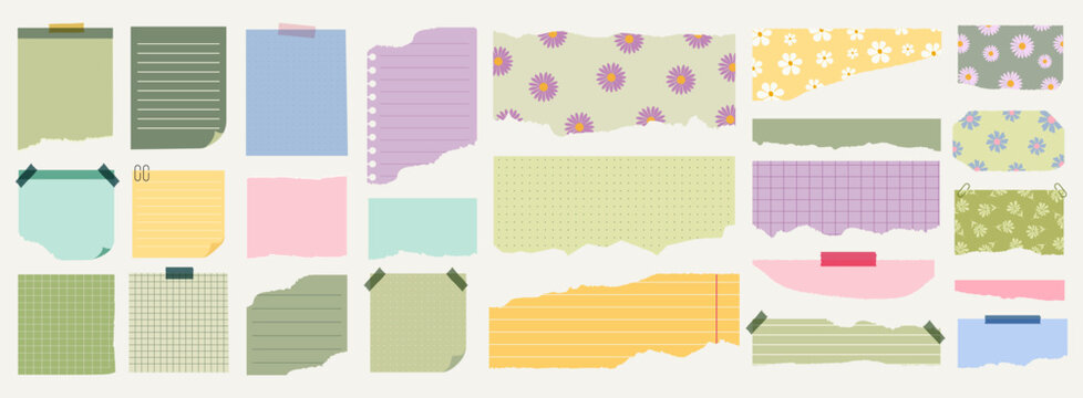 Torn paper note collection in pastel spring colors with floral pattern and tape