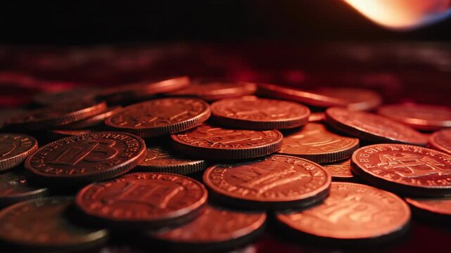 Pile of coins with copper shine on rich red background, showcasing detailed edges and surfaces that highlight financial transactions. Concept of wealth and trade with coins for monetary themes.