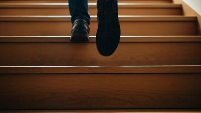 Ascending the Steps: A close-up view captures the decisive act of walking on wooden steps, evoking a sense of determination.