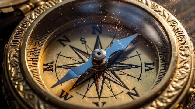 Close-up of a vintage golden compass on a wooden surface, showing direction