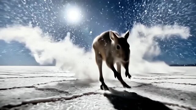 Jumping jerboa crosses snowy plain under silver moonlight, small rodent captured mid-air jump over frozen surface, wild animal survival night winter nature cold evening atmosphere of arctic night