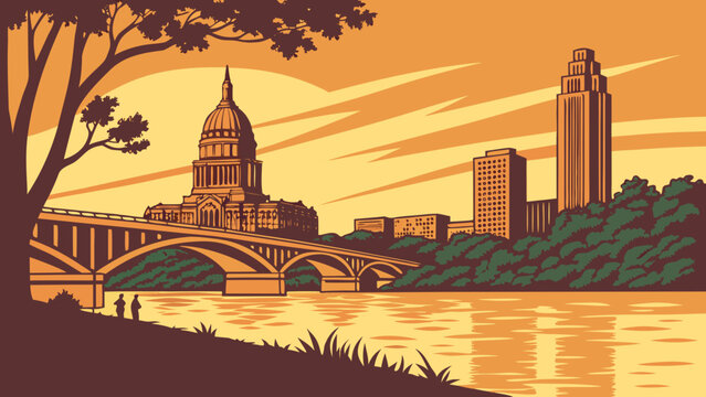 Capture austins bridgekissed skyline at sunset for inspirational designs. Perfect for travel brochures, city guides, and website banners.