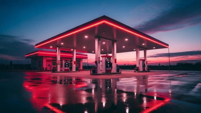 Fuel Station in Dusk: A modern gas station stands illuminated against the twilight sky, its vibrant lights reflecting on the wet pavement below. An embodiment of urban convenience.