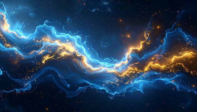 A vibrant cosmic scene with flowing blue and gold energy, evoking nebula, stars scattered in a deep dark space