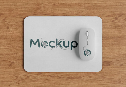 Top View Mouse And Mousepad Mockup On Wooden Surface
