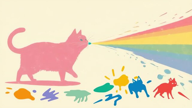 Playful pink cat emitting vivid colorful beams and shapes animation