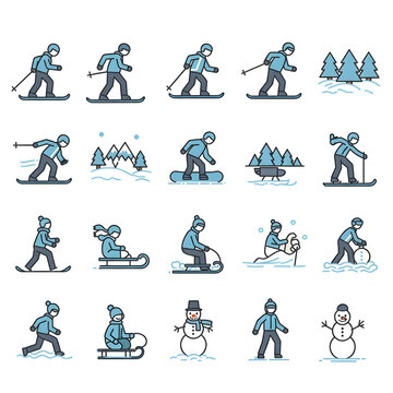Winter Sports Skiing and Snow Activities Icon Set