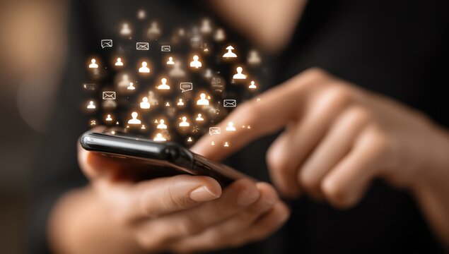 a person holding an iphone with icons of text messages and people floating above it, representing their contact list on the screen Generative AI