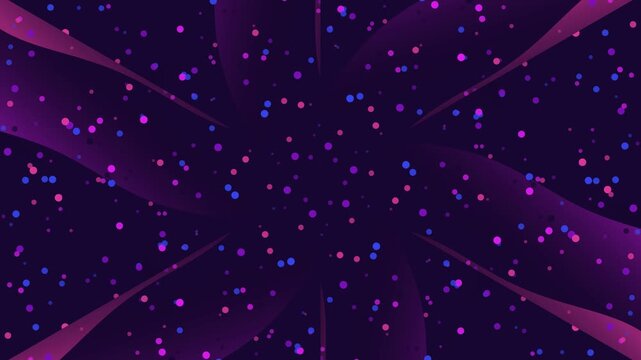 A seamless looping abstract background featuring a dark purple and indigo palette. multicolored particles (pink, blue, magenta) float across the frame while a central, geometric, six-sided rotating