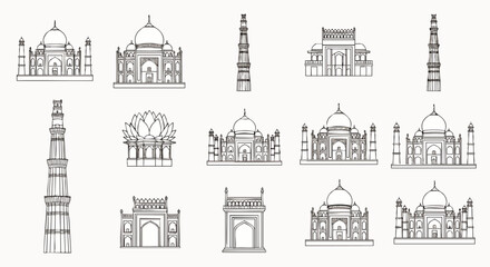 Naklejka premium Iconic Indian architectural landmarks vector collection. Famous monuments like Taj Mahal, Qutub Minar, Lotus Temple in minimalist line art for travel.