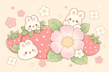 Cute Kawaii Bunnies and Strawberries with Flowers Illustration