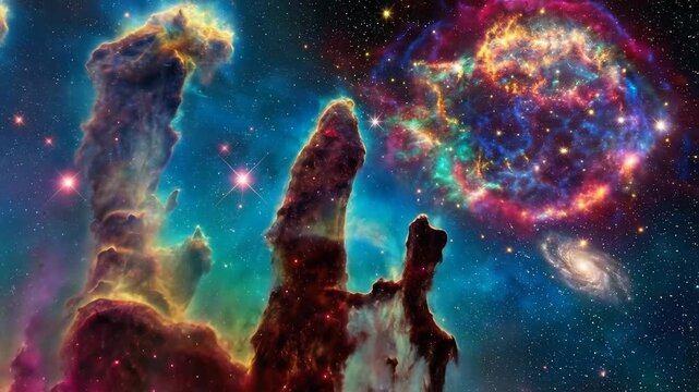 Cosmic Pillars of Creation Nebula with Galaxy, Stars, and Space art.