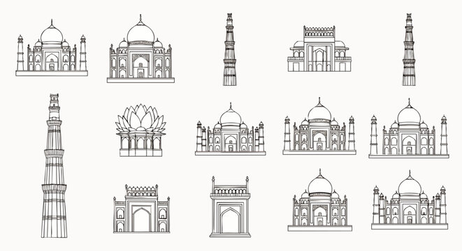 Iconic Indian architectural landmarks vector collection. Famous monuments like Taj Mahal, Qutub Minar, Lotus Temple in minimalist line art for travel.