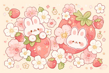 Cute Kawaii Bunnies and Strawberries with Flowers Illustration