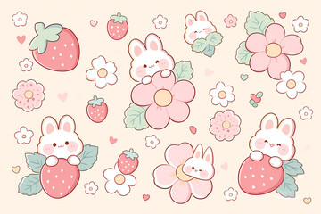 Cute Kawaii Bunnies and Strawberries with Flowers Illustration