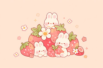 Cute Kawaii Bunnies and Strawberries with Flowers Illustration