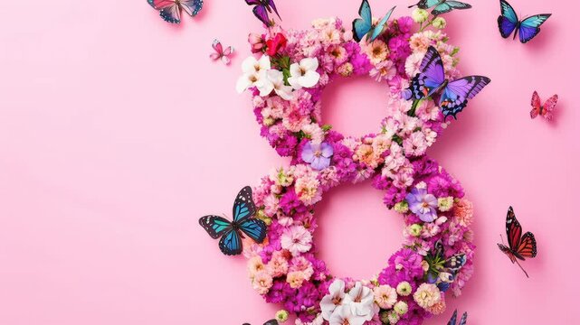 8 march day festive background, flowers with butterflies for international womans day 8 of march