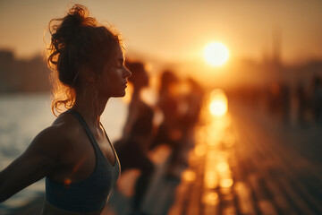 Outdoor group meditation workout. Silhouette of women practicing yoga at sunset. Pilates practice. Coast of sea or ocean. Mindfulness, relaxation, fitness, sports, mental clarity, holistic wellness.