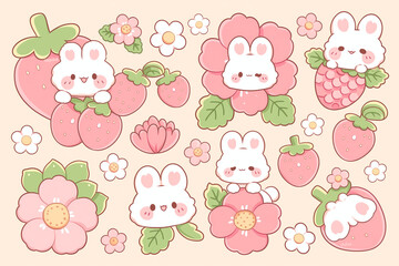 Cute Kawaii Bunnies and Strawberries with Flowers Illustration