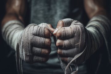 Faceless boxer hands with bandages. Athlete wrapping wrist before workout in gym. Focus male hands textures. Power, determination, discipline, motivational fitness, strength, mental endurance, sport.