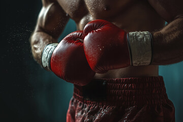 Dynamic faceless boxer with red gloves in dramatic shadows gym setting. Male hands, torso and beads sweat in motion. Strength training, discipline, motivation, combat sports, boxing workout, athletic.