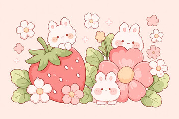 Cute Kawaii Bunnies and Strawberries with Flowers Illustration