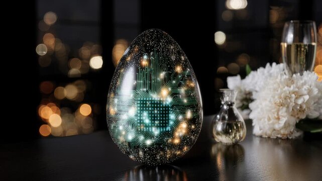 ornate jeweled egg opens to reveal glowing candles and roses, cinematic studio lighting, shallow depth of field, delicate string lights entwined