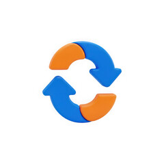 3D Refresh Cycle Arrows Icon, Blue and Orange, Isolated on Black Background