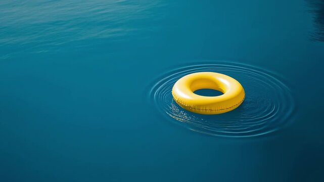 Yellow float ring making ripples on calm blue water surface in sequential motion